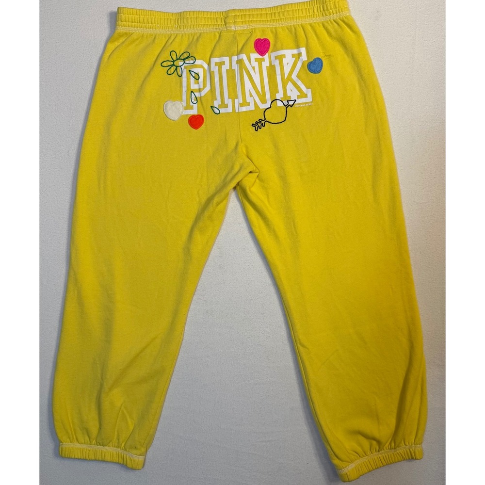 Victorias Secret PINK Yellow Graphic Jogger Sweatpants Peace Heart Large